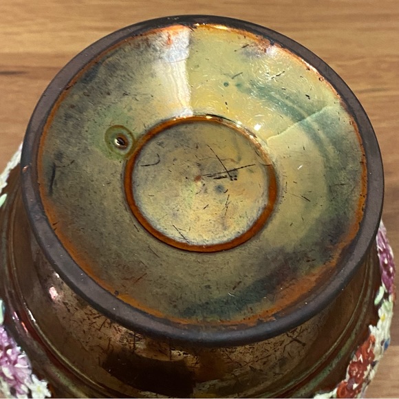 19th Century British Hand Enamelled Relief Molded Floral Band Copper Luster Bowl - Picture 7 of 13
